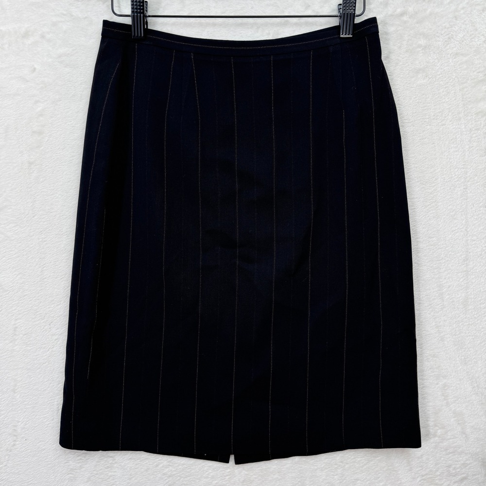 Ann Taylor Pencil Skirt Womens 4 Black Pinstripe Wool Blend Knee Length Office